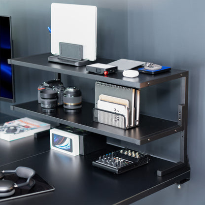 Wide spacious above desk or below desk clamp-on shelf with two shelves for convenient storage and organization. Lower shelf height adjusts.