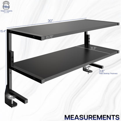 Wide spacious above desk or below desk clamp-on shelf with two shelves for convenient storage and organization. Lower shelf height adjusts.