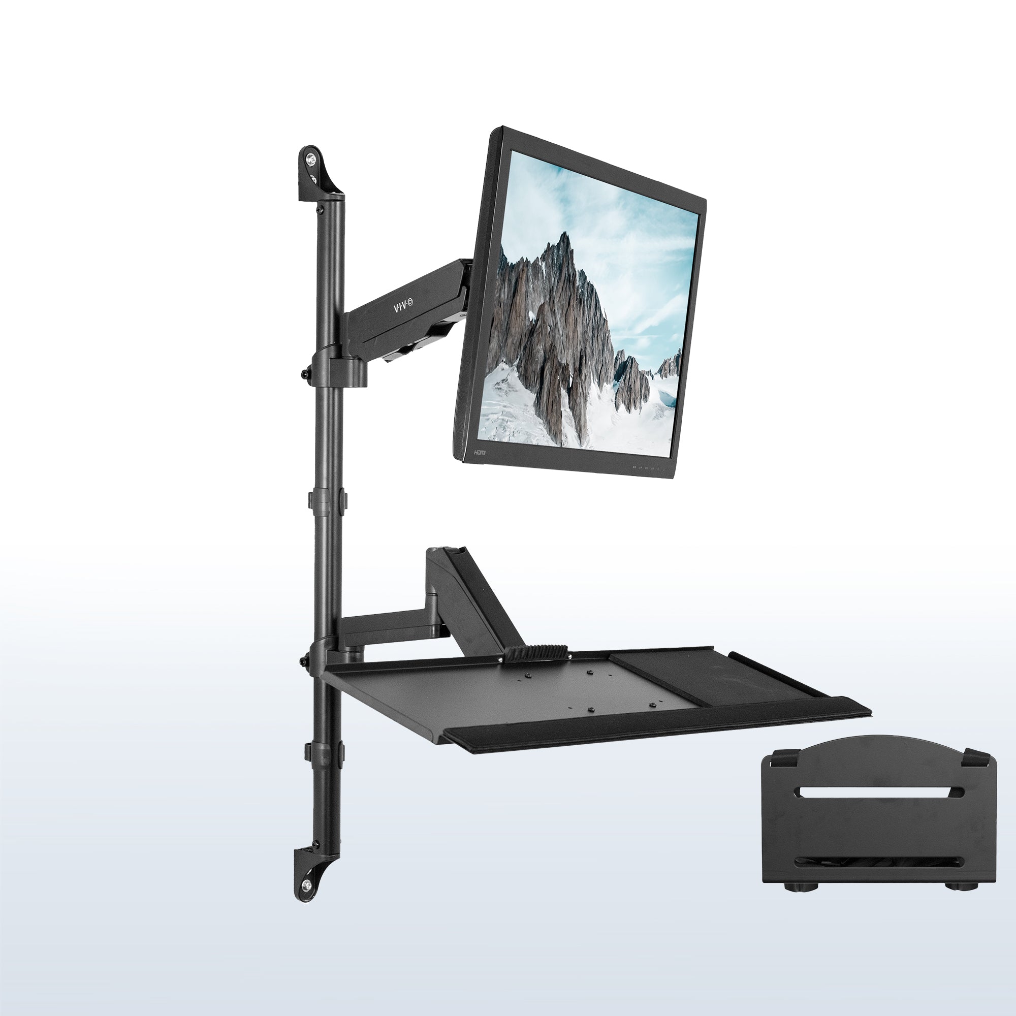 Sit to Stand Single Monitor Wall Mount Workstation provides a space efficient work area with your monitor and keyboard at ergonomic viewing and typing angles.