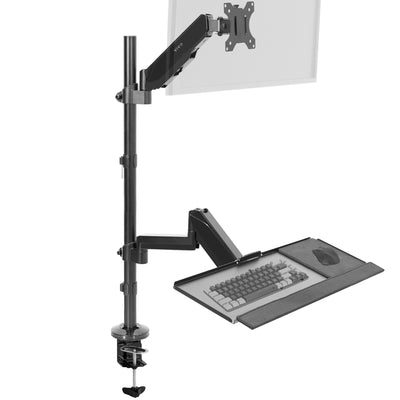 Clamp-on monitor mount and keyboard tray with height adjustment and articulation.