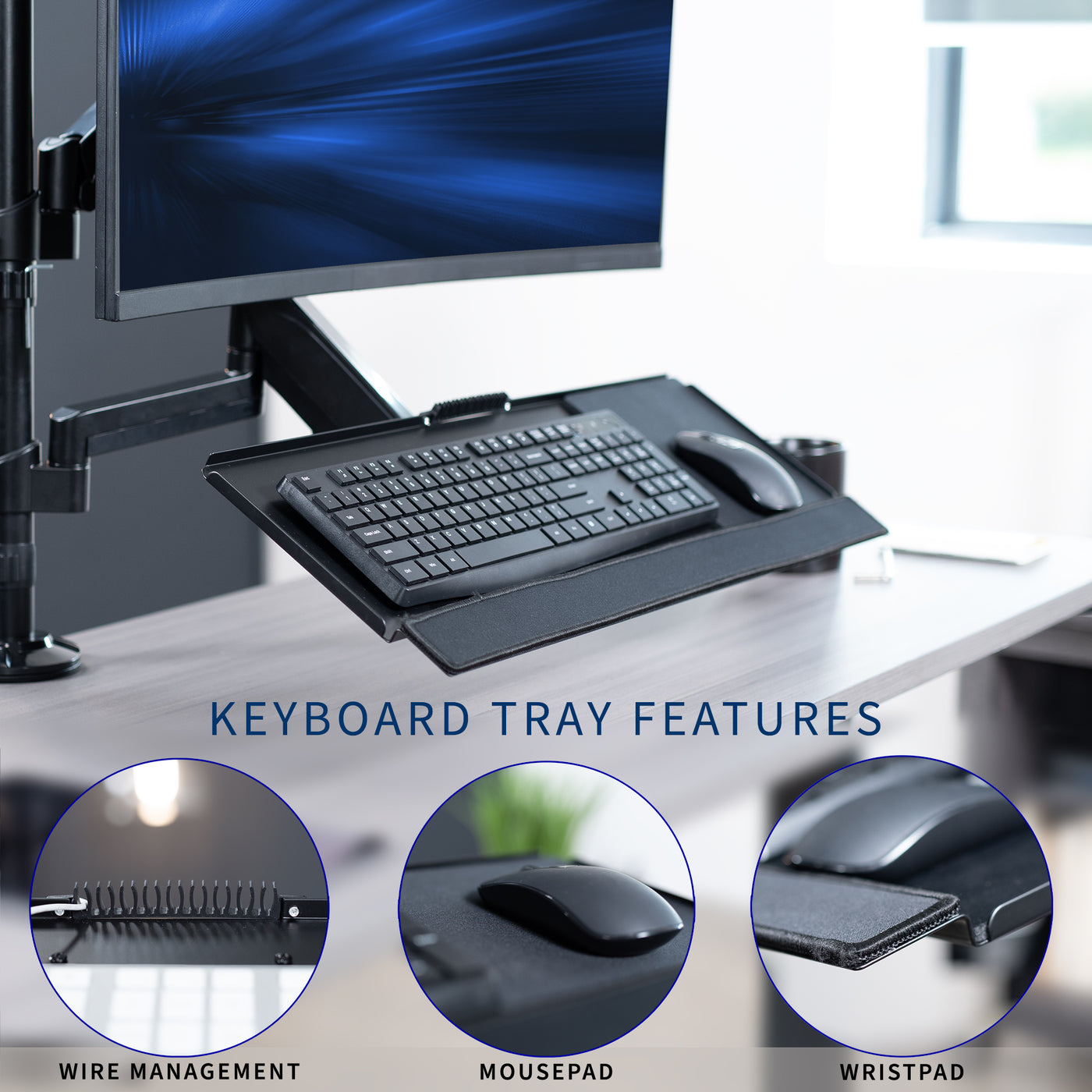 Clamp-on monitor mount and keyboard tray with height adjustment and articulation.