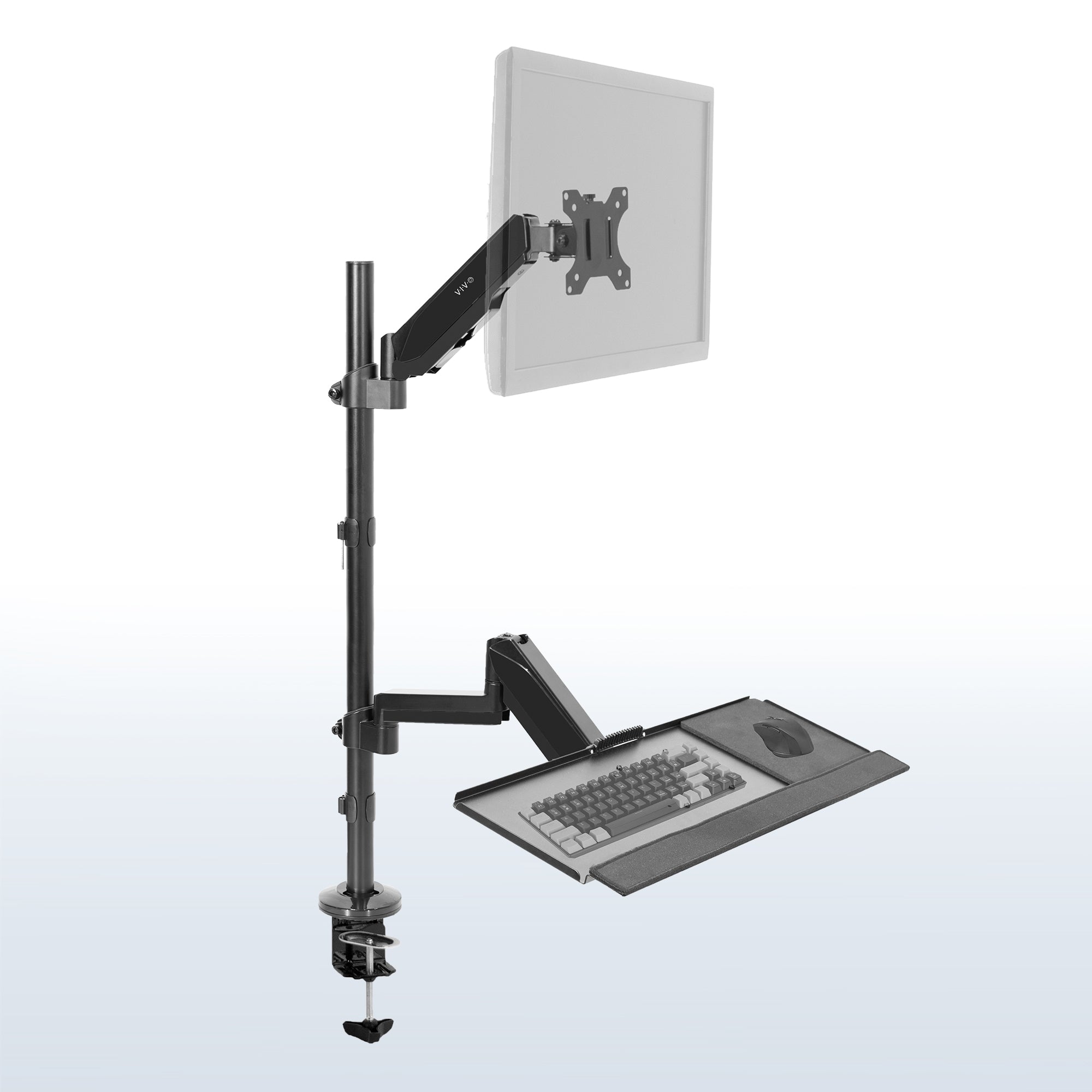 Clamp-on monitor mount and keyboard tray with height adjustment and articulation.