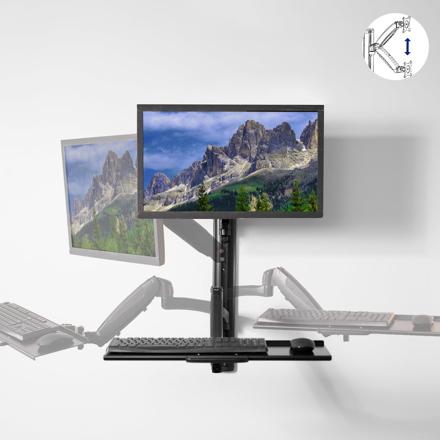 Fully articulating wall mount to attain the most comfortable typing and viewing angle.