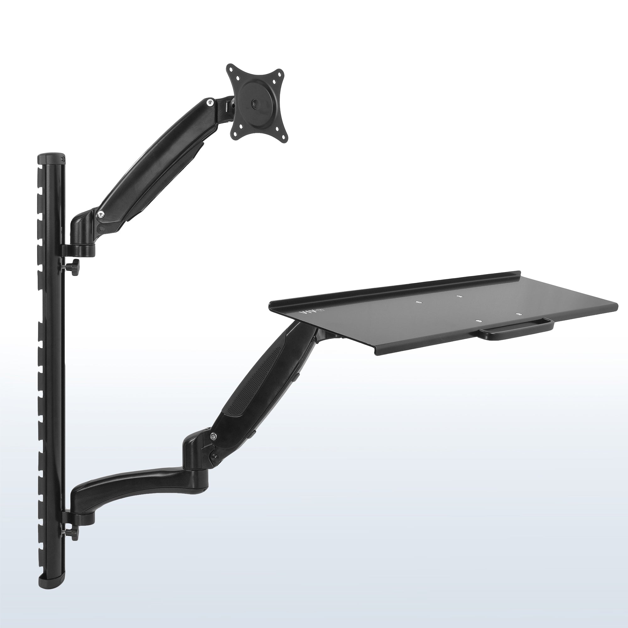 Sturdy ergonomic single monitor for a sit-to-stand wall mount.