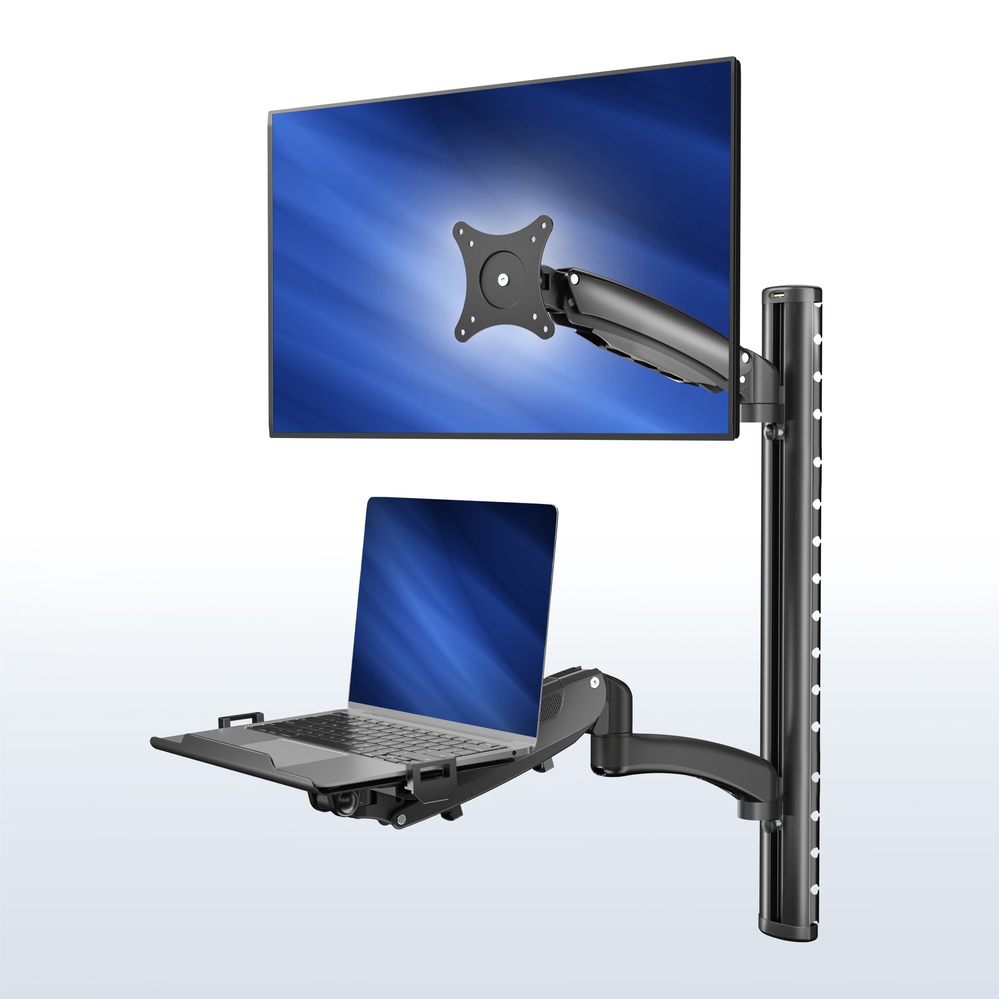 Sit to Stand Single Monitor & Laptop Wall Mount Workstation - Up to 27" Screens, 17.3" Laptops on a blue white gradient background