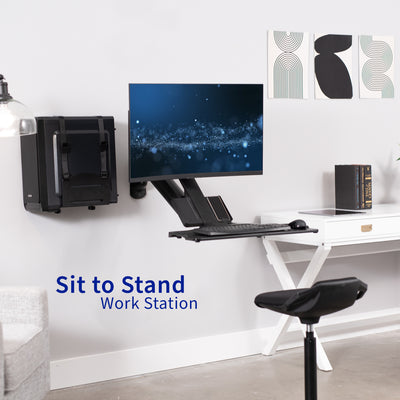 Sturdy ergonomic single monitor sit to stand wall mount workstation with keyboard tray.