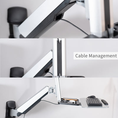 Sturdy silver ergonomic single monitor sit to stand wall mount workstation with integrated cable management.