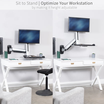 Sturdy silver ergonomic single monitor sit to stand wall mount workstation with keyboard tray.