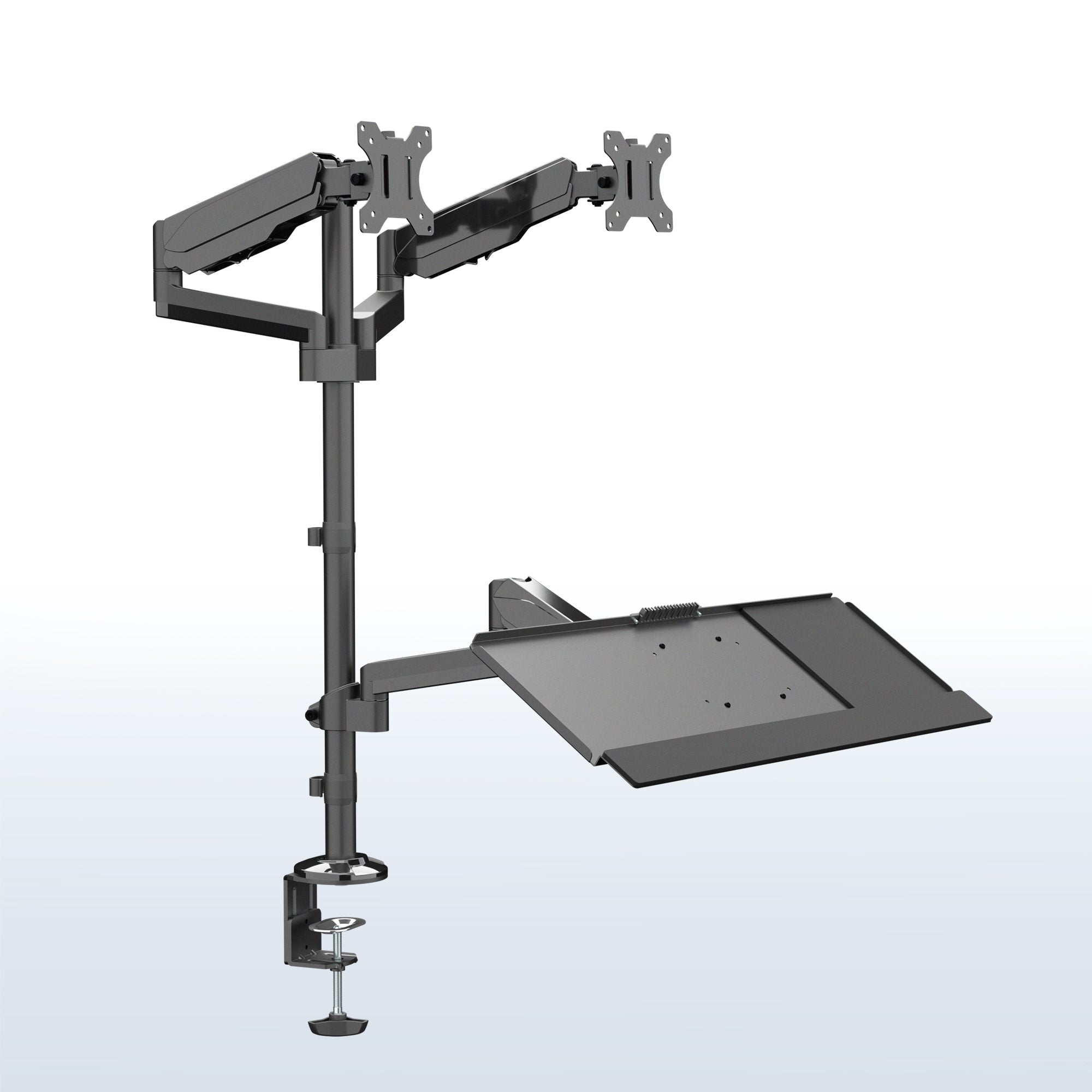 Sturdy ergonomic dual monitor sit to stand wall mount workstation.