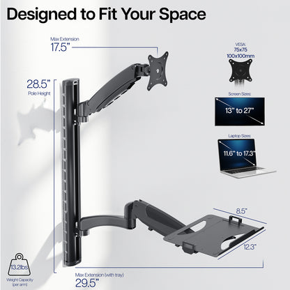 Monitor stand with adjustable arm and mount, showing dimensions and compatibility on a white background.