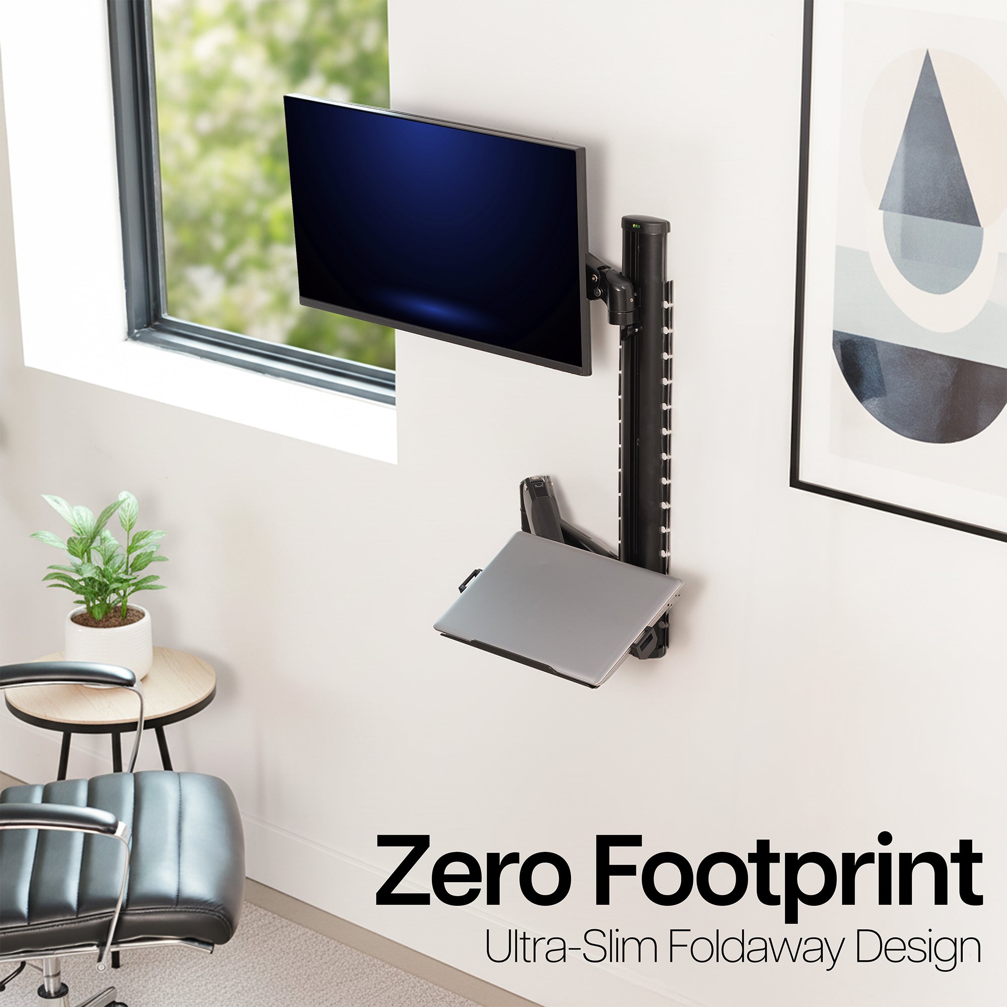 Wall-mounted adjustable desk with a monitor and laptop in a modern office setting, featuring the text 'Zero Footprint' and 'Ultra-Slim Foldaway Design'.