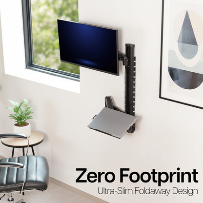 Wall-mounted adjustable desk with a monitor and laptop in a modern office setting, featuring the text 'Zero Footprint' and 'Ultra-Slim Foldaway Design'.