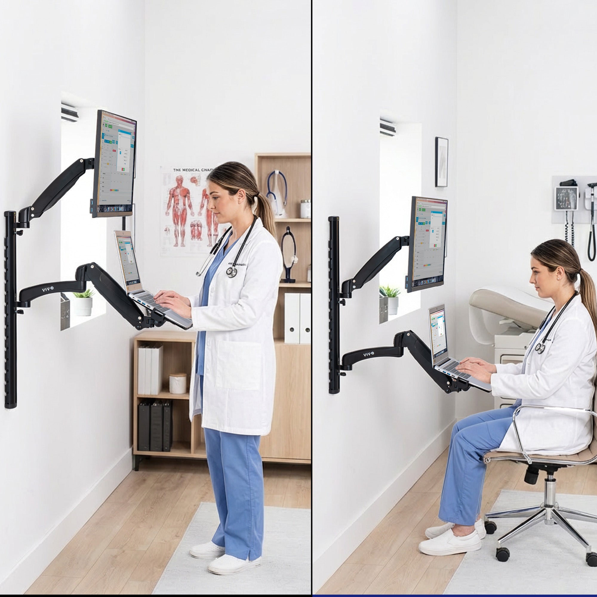 Two images of a doctor using a laptop with a wall-mounted monitor and laptop in a medical setting, showing the sit-to-stand feature