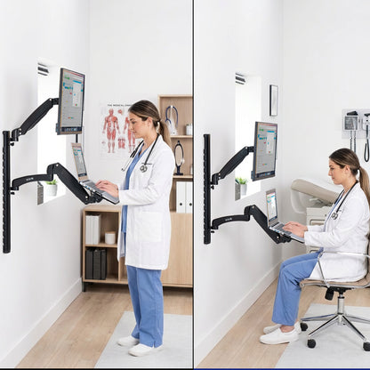 Two images of a doctor using a laptop with a wall-mounted monitor and laptop in a medical setting, showing the sit-to-stand feature