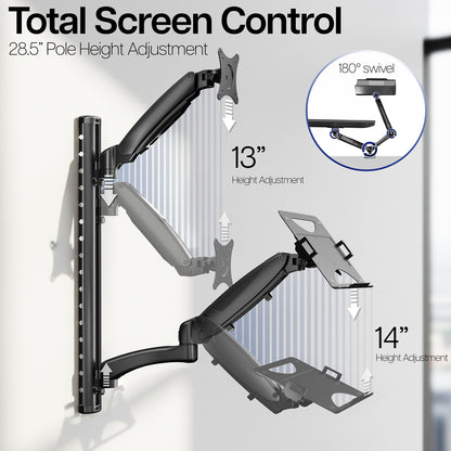 Sit to Stand Single Monitor & Laptop Wall Mount Workstation with height and swivel adjustments on a grey blurred office background