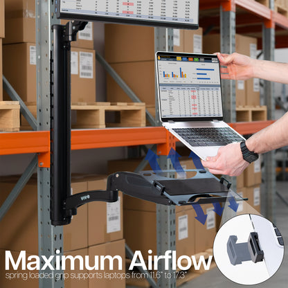 Person using a laptop with a adjustable stand in a warehouse setting, emphasizing 'Maximum Airflow'.