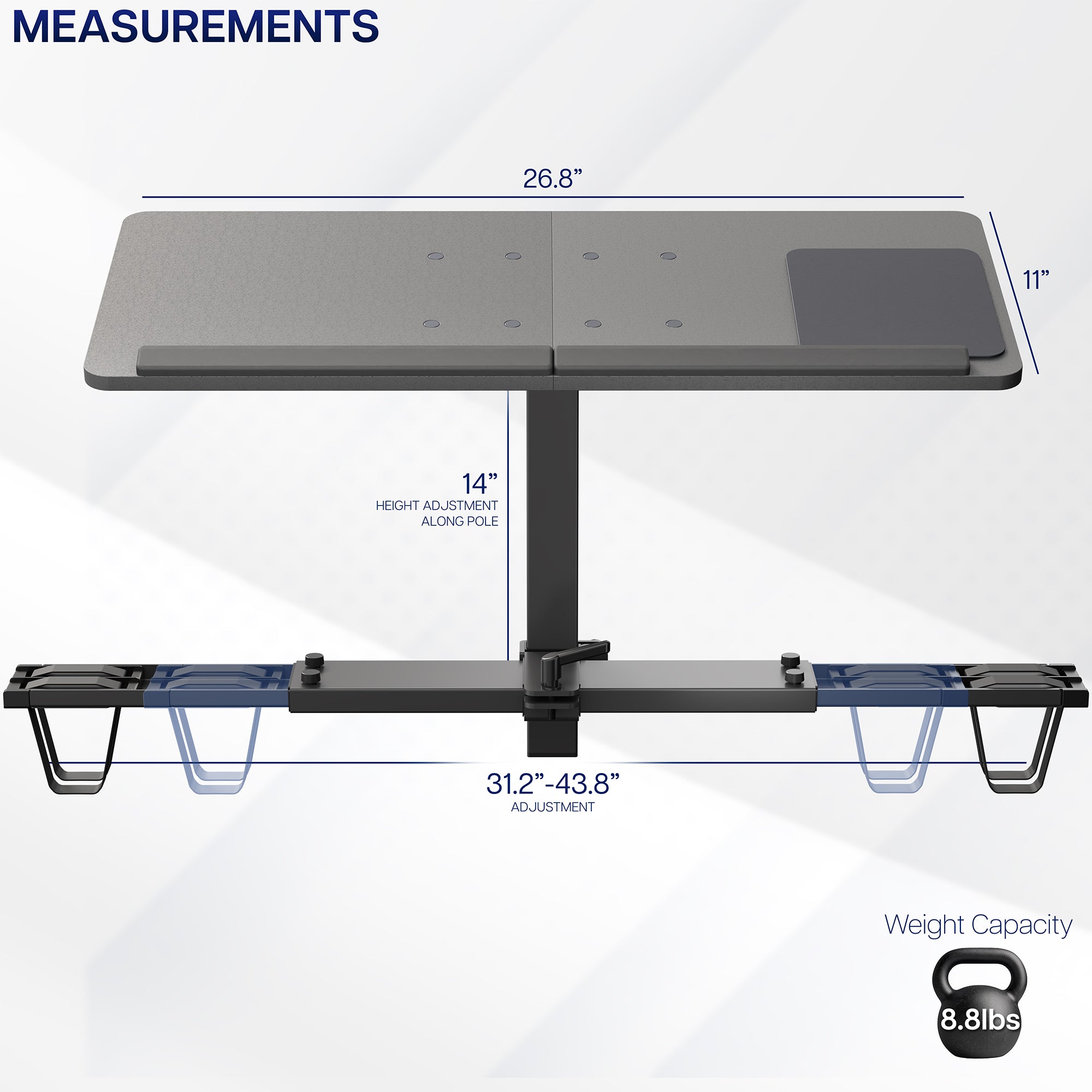 Measurement chart of an adjustable treadmill desk with dimensions and weight capacity displayed.