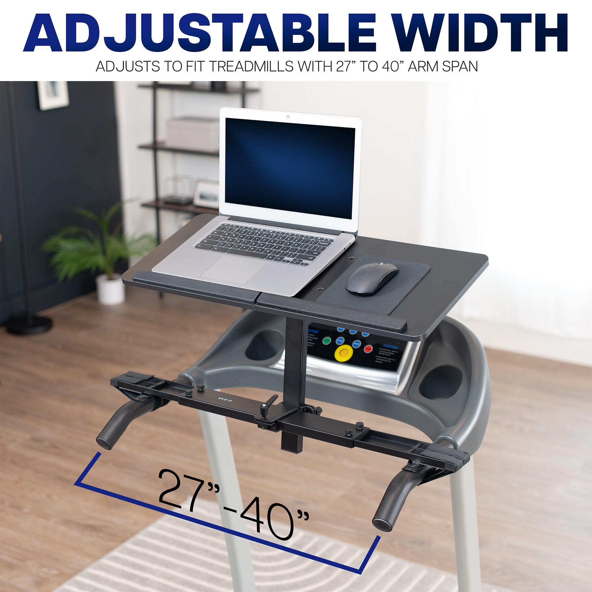 Adjustable treadmill desk with laptop and mouse setup, showing adjustable width range.