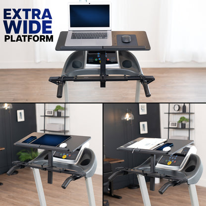 Adjustable treadmill desk with laptop and tablet on top, shown in different settings.