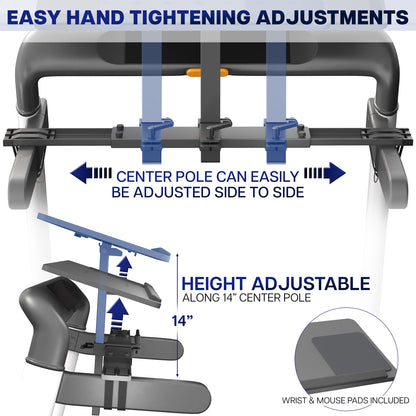 Adjustable treadmill desk with features highlighted, including easy hand tightening adjustments and height and side-to-side adjustments.