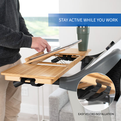 Bamboo tilting laptop desk for treadmill with heavy duty side shelves and easy installation.