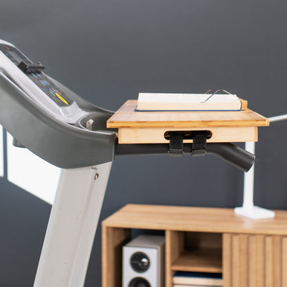 Bamboo tilting laptop desk for treadmill with heavy duty side shelves and easy installation.