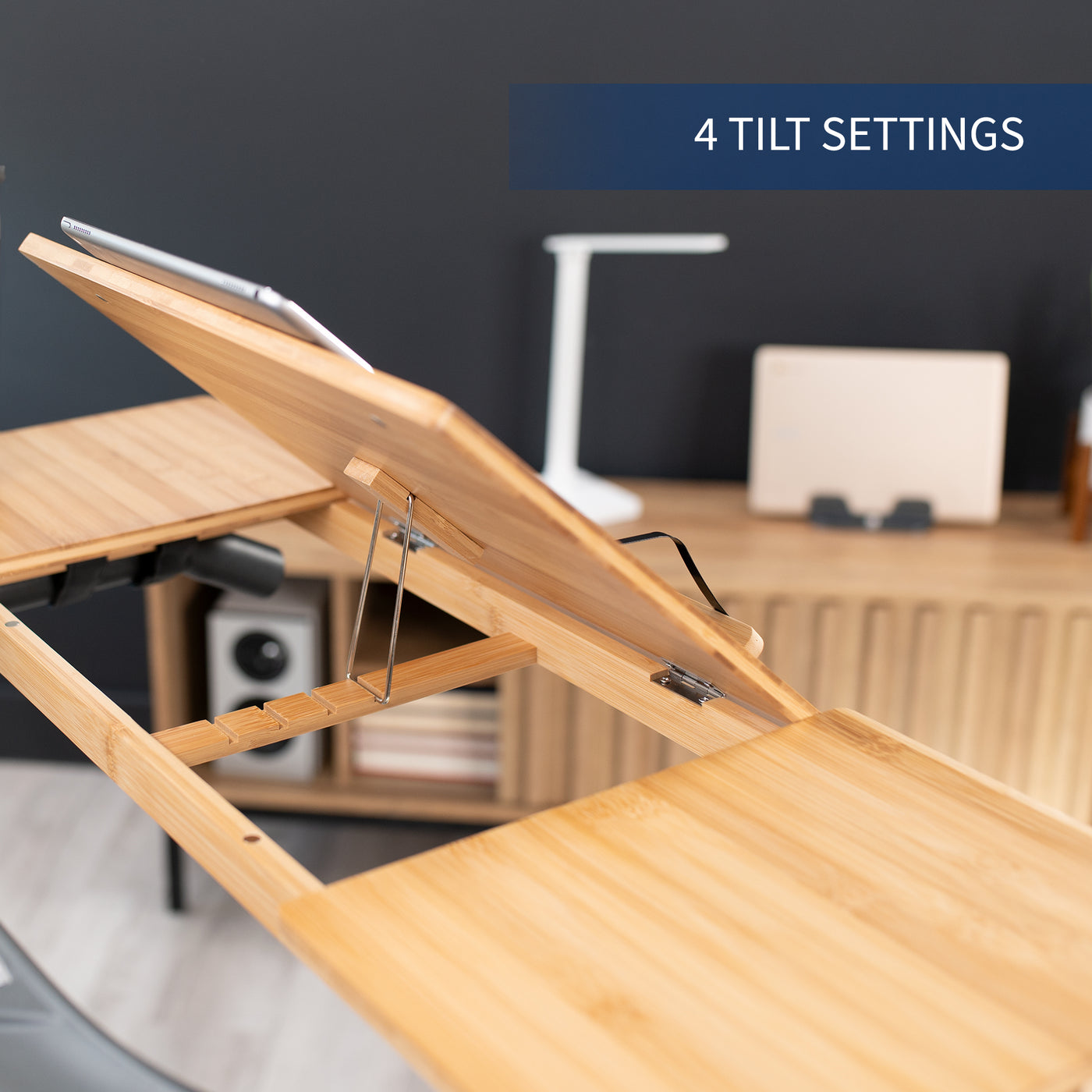 Bamboo tilting laptop desk for treadmill with heavy duty side shelves and easy installation.