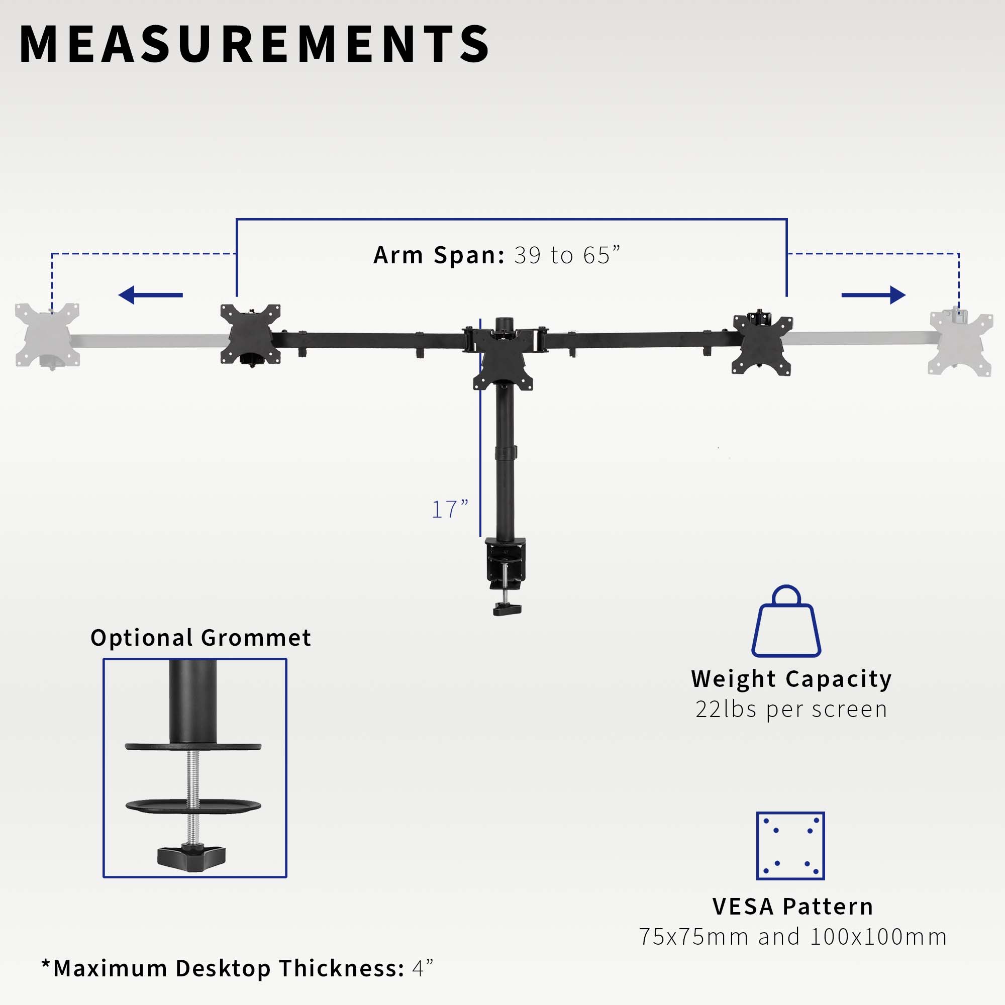 Telescoping Triple Monitor Desk Mount, Heavy Duty Flush-to-Wall Stand