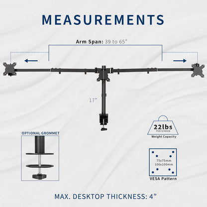 Telescoping Triple Monitor Desk Mount, Heavy Duty Flush-to-Wall Stand