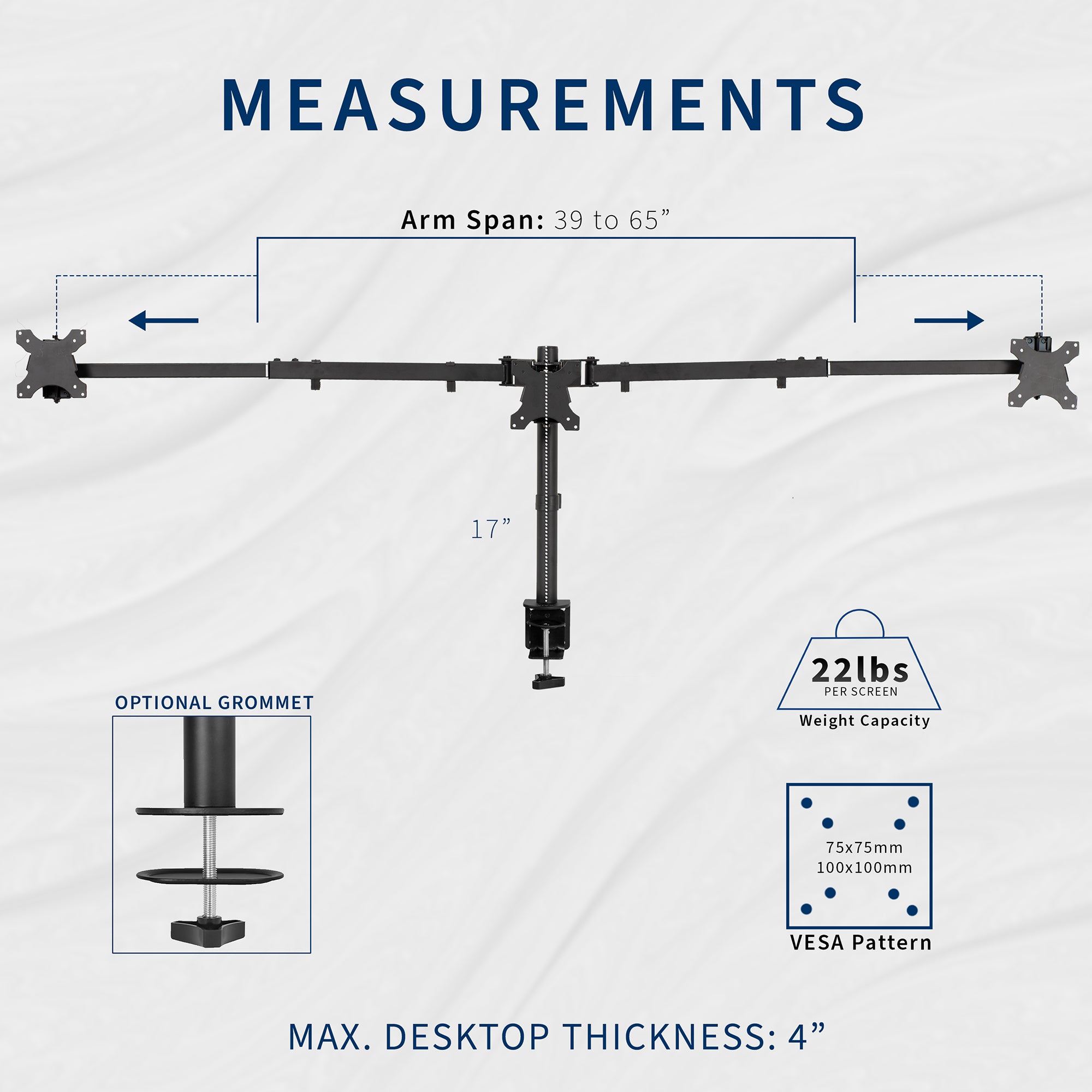 Telescoping Triple Monitor Desk Mount - Up to 38" Screens