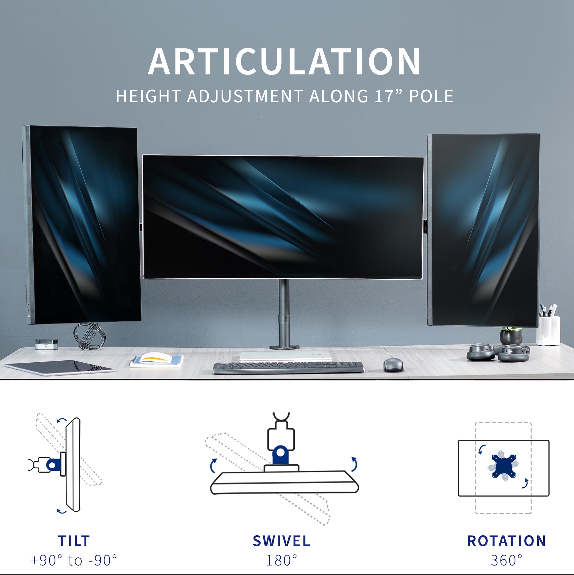 Telescoping Triple Monitor Desk Mount - Up to 38" Screens