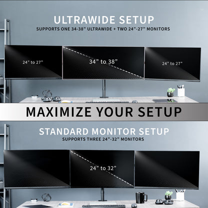 Telescoping Triple Monitor Desk Mount - Up to 38" Screens