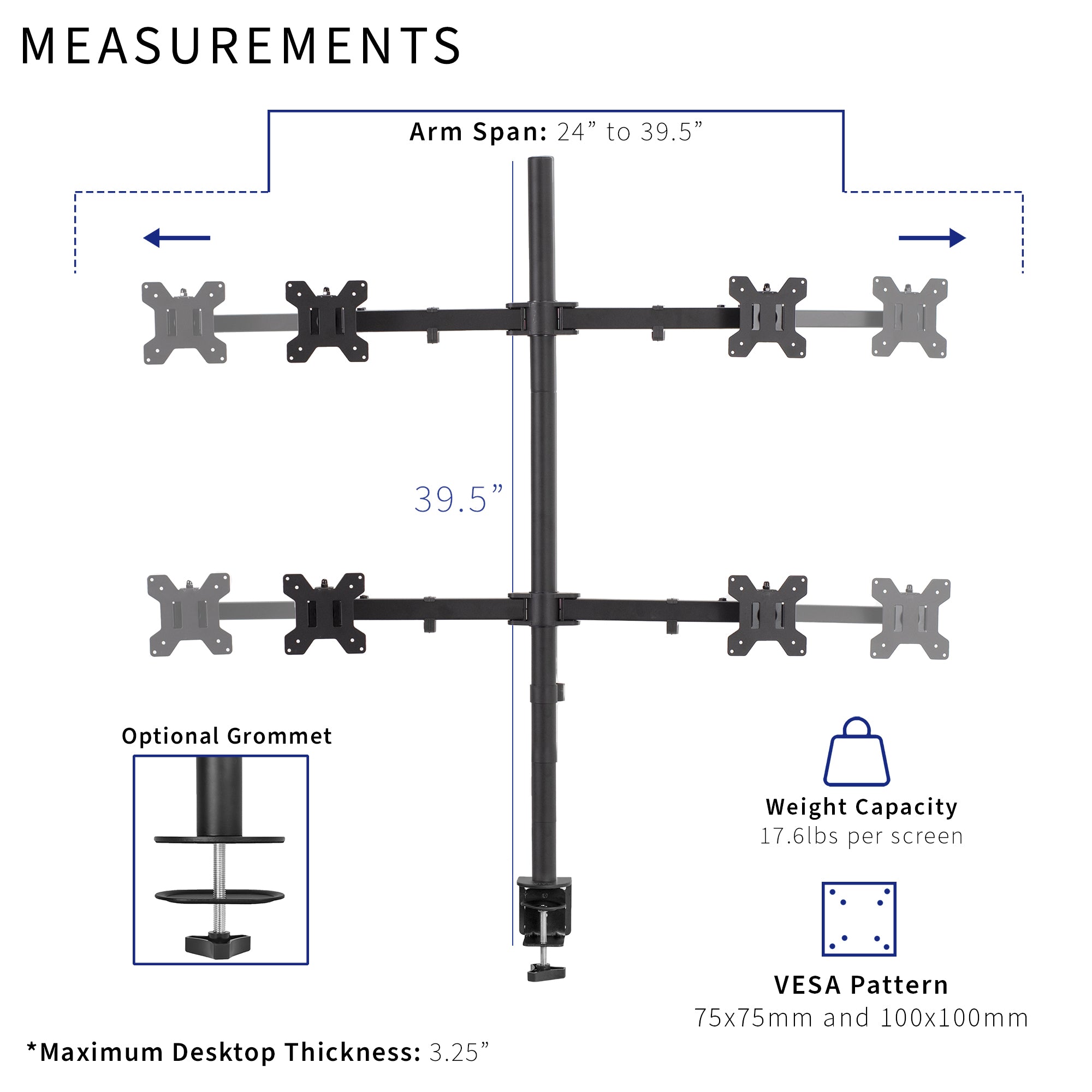 Heavy Duty Telescoping Quad Monitor Desk Mount for office use, giving your screen setup a flush with the wall display.