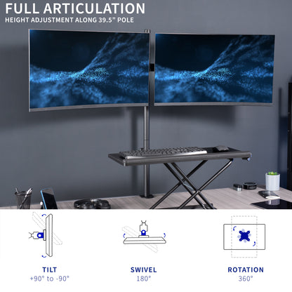 Telescoping Extra Tall Dual Monitor Desk Mount for office use, giving your screens a flush-with-wall display.