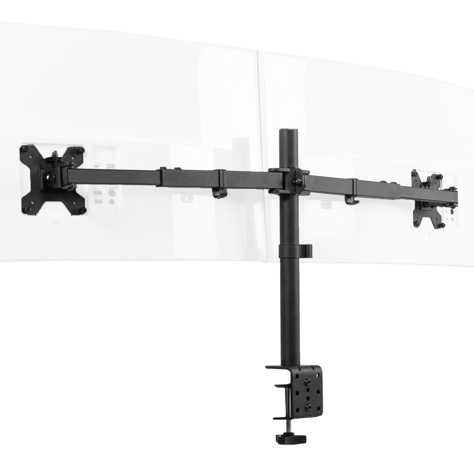 Black dual monitor desk mount on a white background
