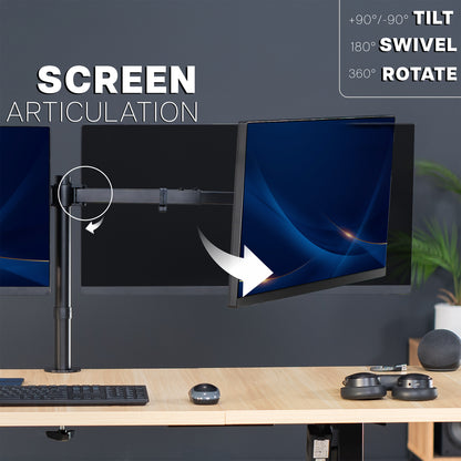Computer monitor on a stand with articulation features highlighted, on a desk with keyboard and mouse.