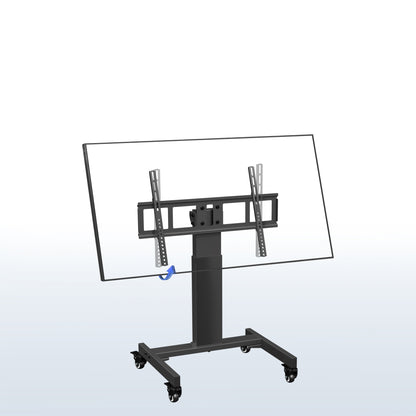 A low height mobile TV cart with a black frame and wheels.