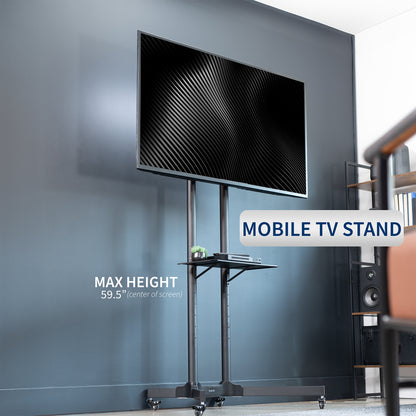 Mobile TV cart displays large screen on rolling stand for ergonomic viewing.