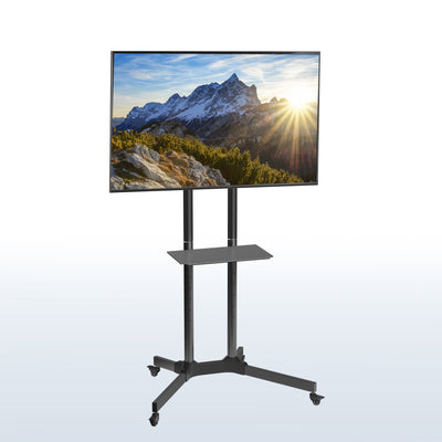 Mobile TV cart displays large screen on rolling stand for ergonomic viewing.