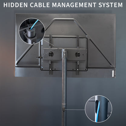 Mobile TV cart displays large screen on rolling stand for ergonomic viewing.