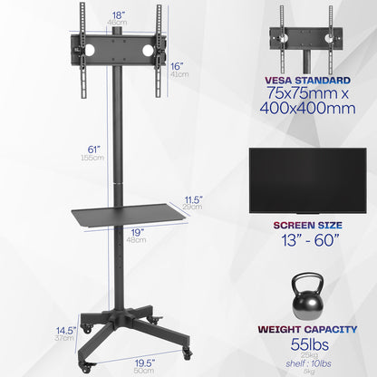 Mobile TV cart displays large screen on rolling stand for ergonomic viewing.