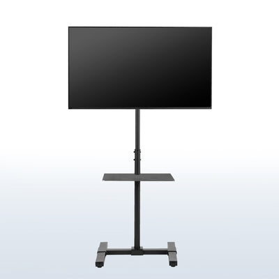Sturdy height adjustable TV stand with utility shelf.