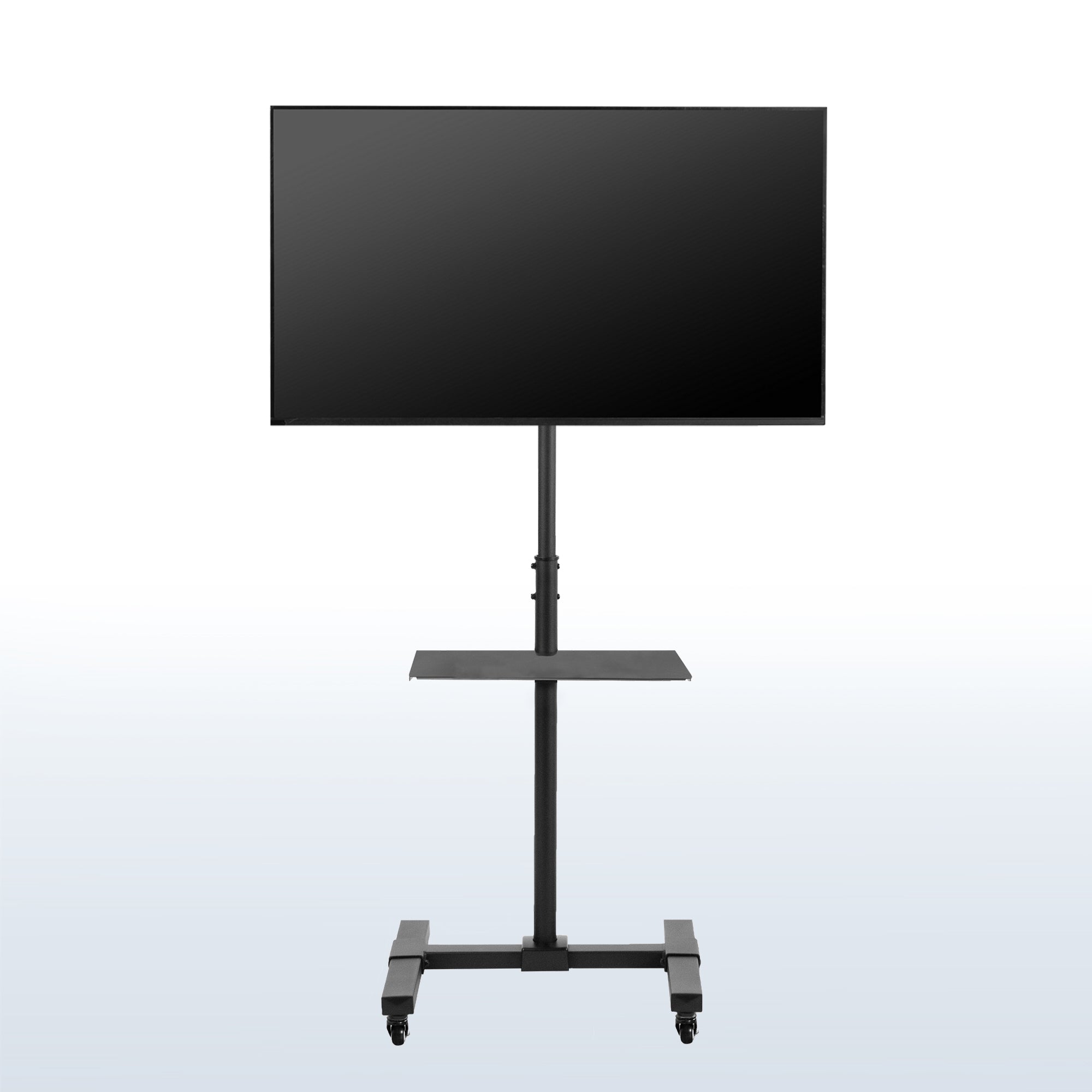 Sturdy mobile height adjustable TV cart with utility shelf and wheels.