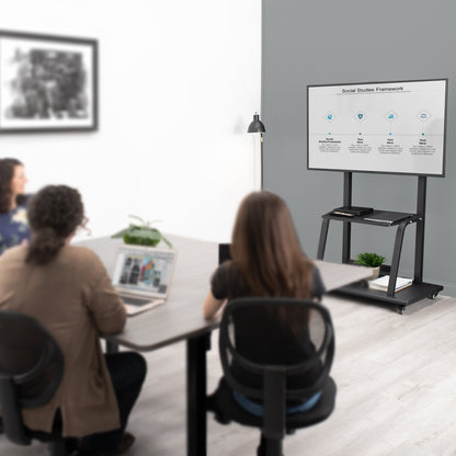 TV stand with a stable base and locking caster wheels.