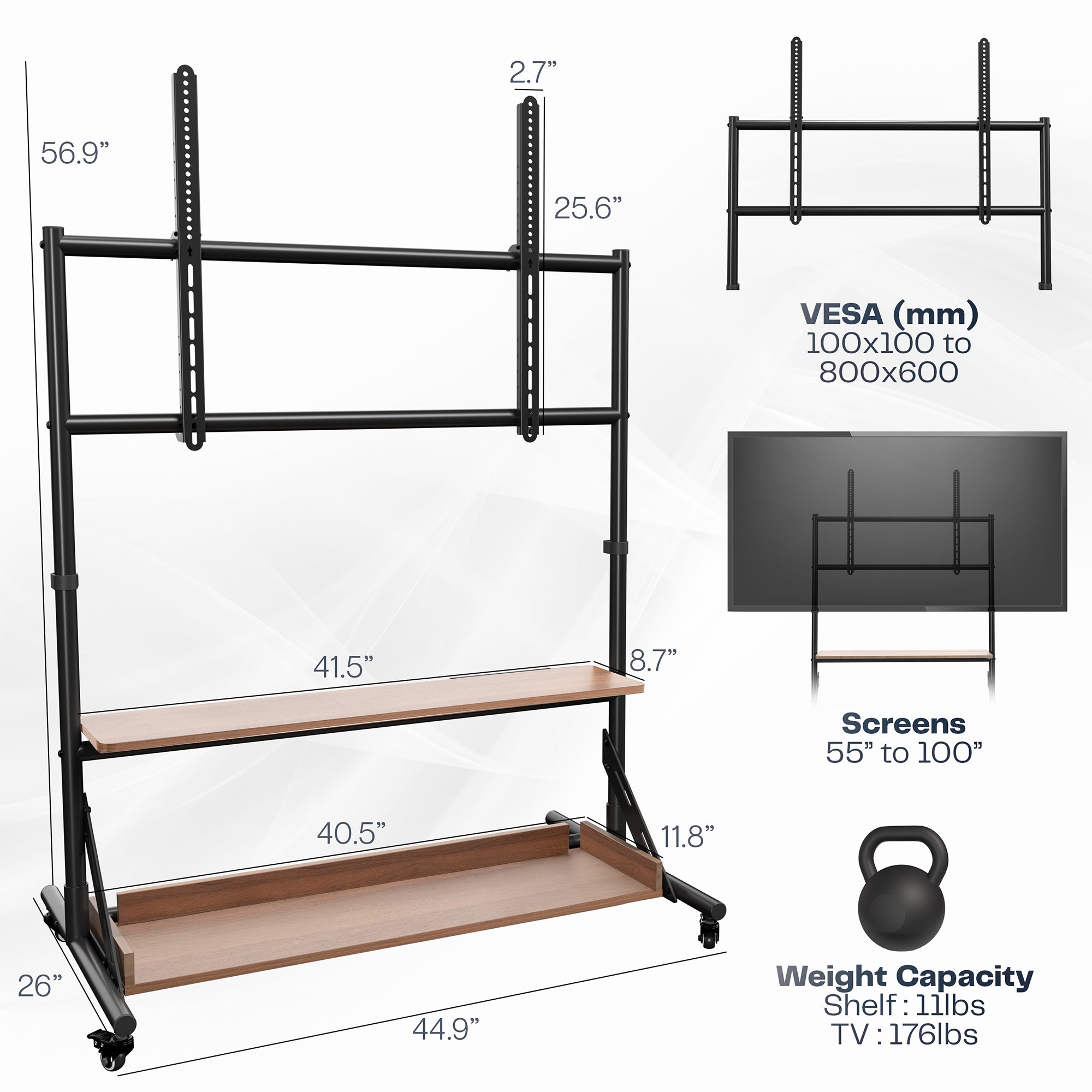 Heavy Duty TV Cart with Dark Wood Shelves