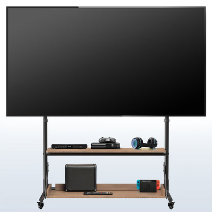 A heavy duty TV cart with dark wood shelves, featuring a black metal frame and four caster wheels.