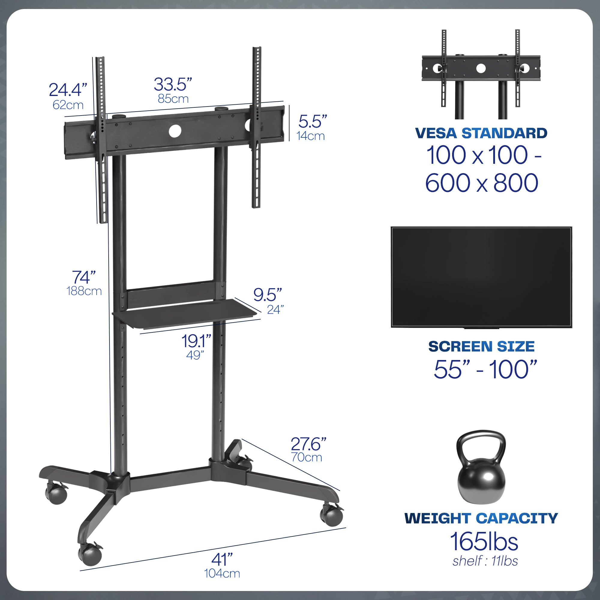 Black Mobile Large TV Cart for 55” to 100” Screens