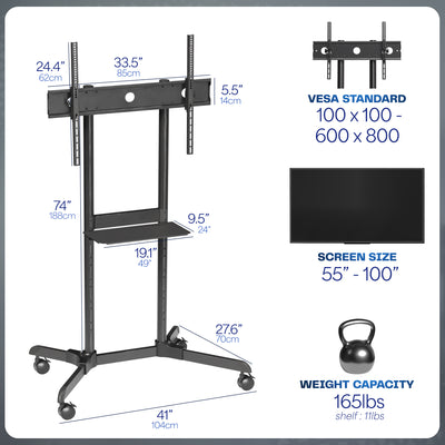 Mobile TV mount cart with media shelf and locking wheels. Stand features height adjustment, articulation, and a built-in cable management system.