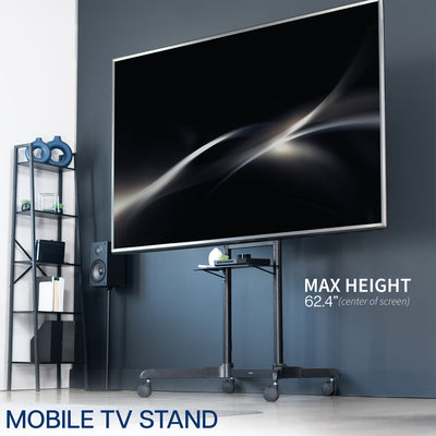 Mobile TV mount cart with media shelf and locking wheels. Stand features height adjustment, articulation, and a built-in cable management system.