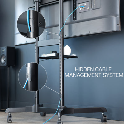 Mobile TV mount cart with media shelf and locking wheels. Stand features height adjustment, articulation, and a built-in cable management system.